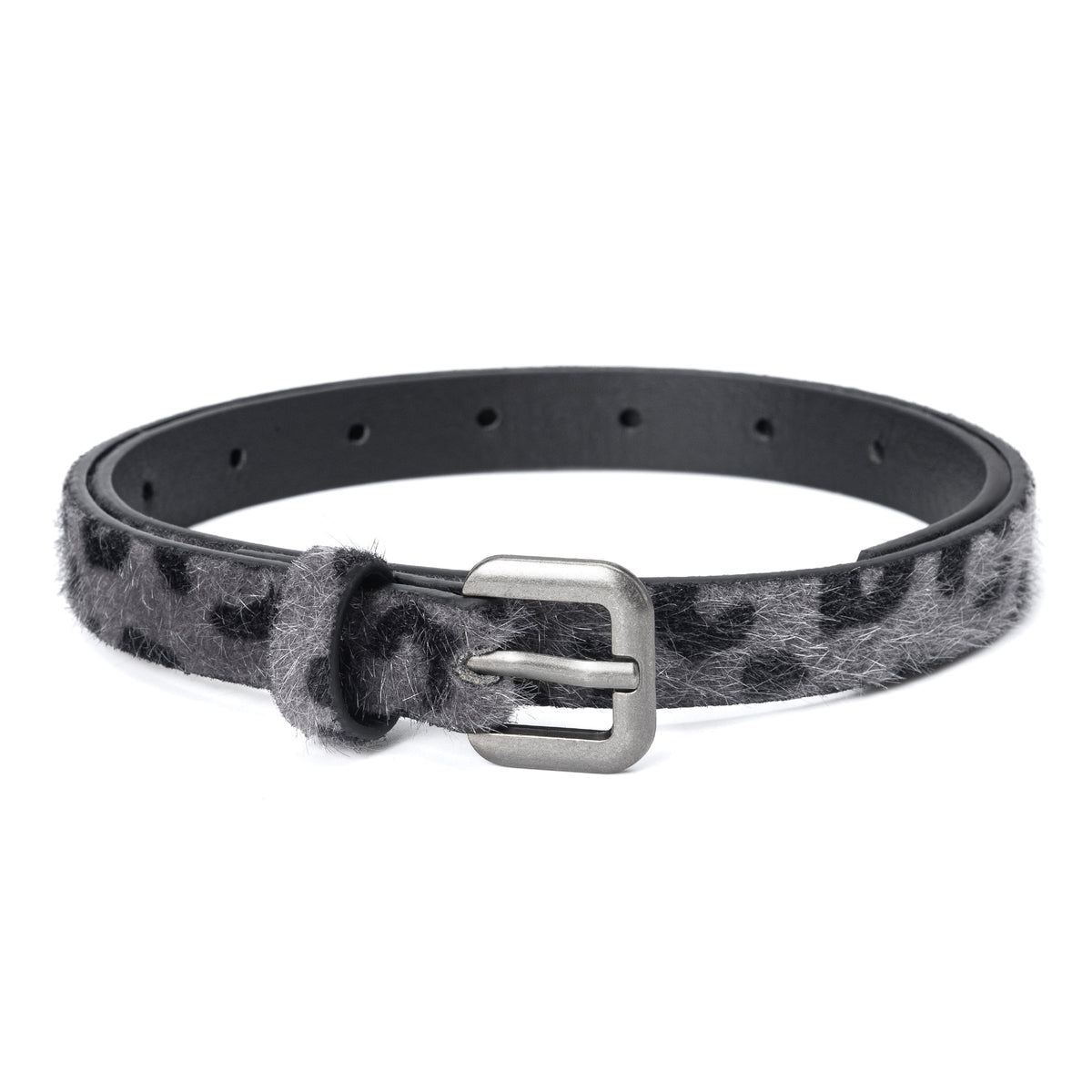 Gray leopard print belt with a silver-tone buckle and adjustable holes