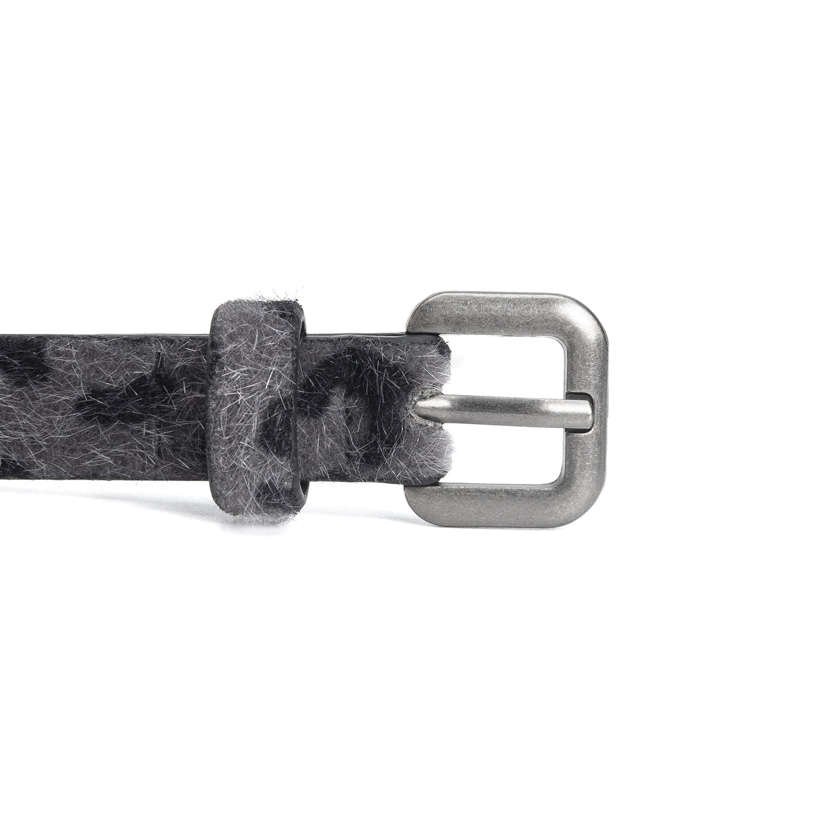 Close-up of gray leopard print belt strap, keeper loop, and silver-tone buckle