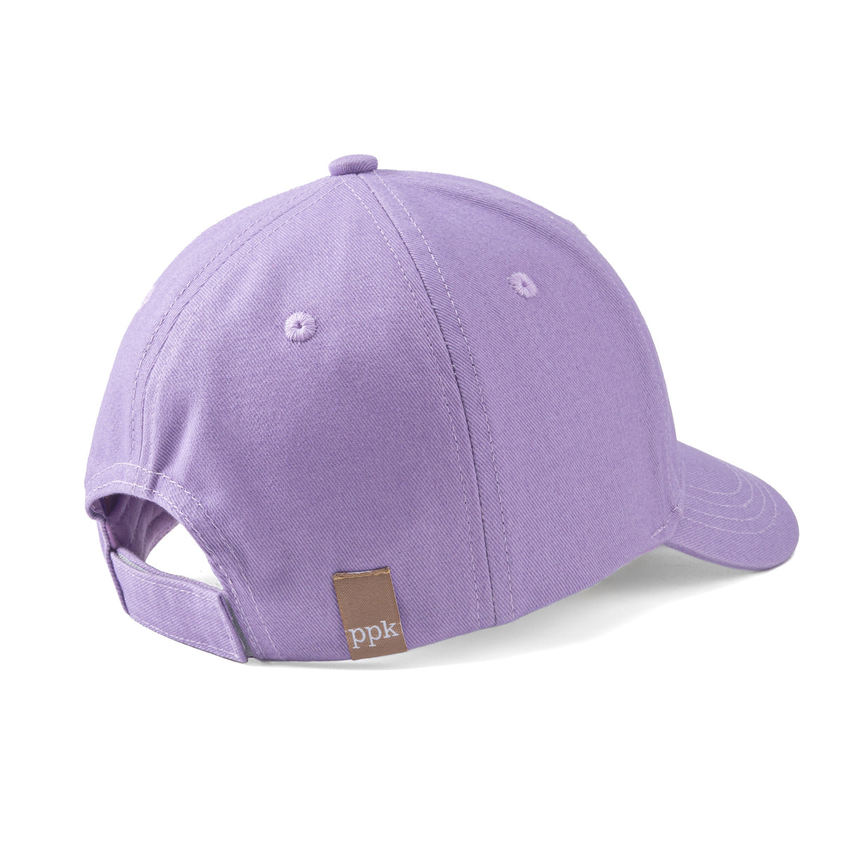 Back view of the purple cap with an adjustable strap and small side label