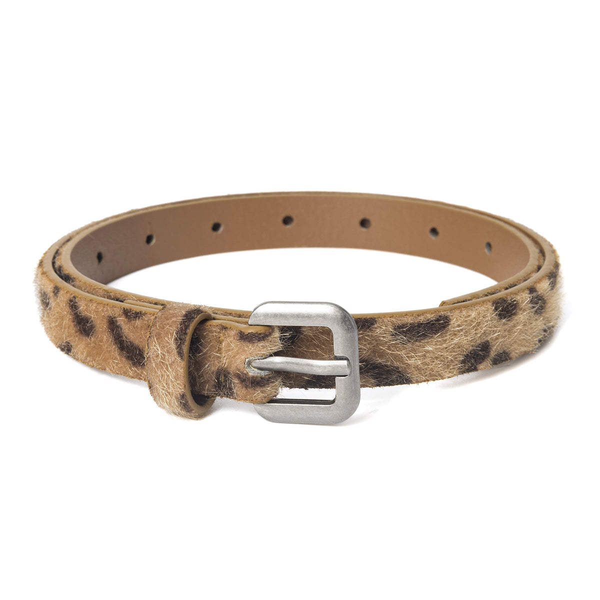 Brown leopard print belt with a silver-tone buckle and adjustable holes
