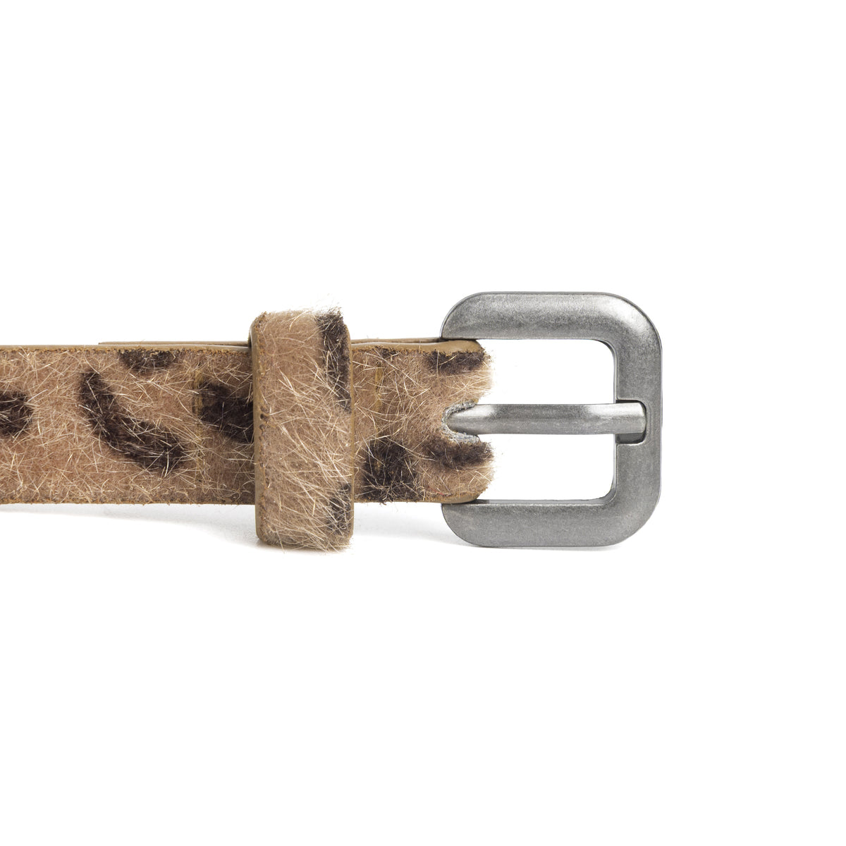 Close-up of brown leopard print belt strap, keeper loop, and silver-tone buckle