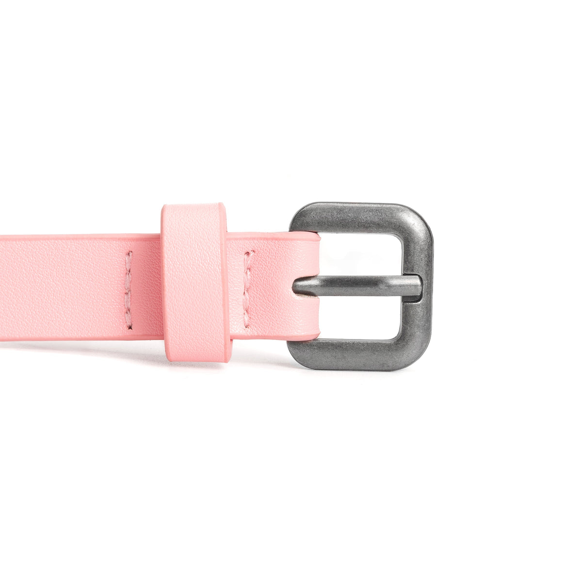 Close-up of the pink belt's strap, keeper, stitching, and metal buckle