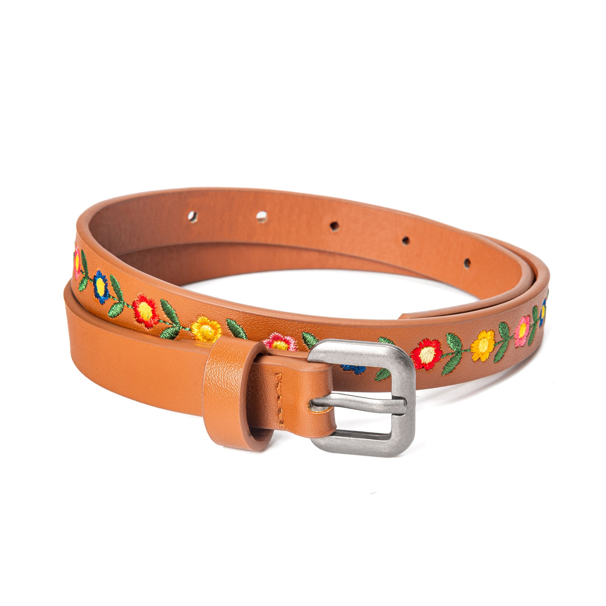 Brown kids' belt with colorful floral embroidery and a silver-tone buckle