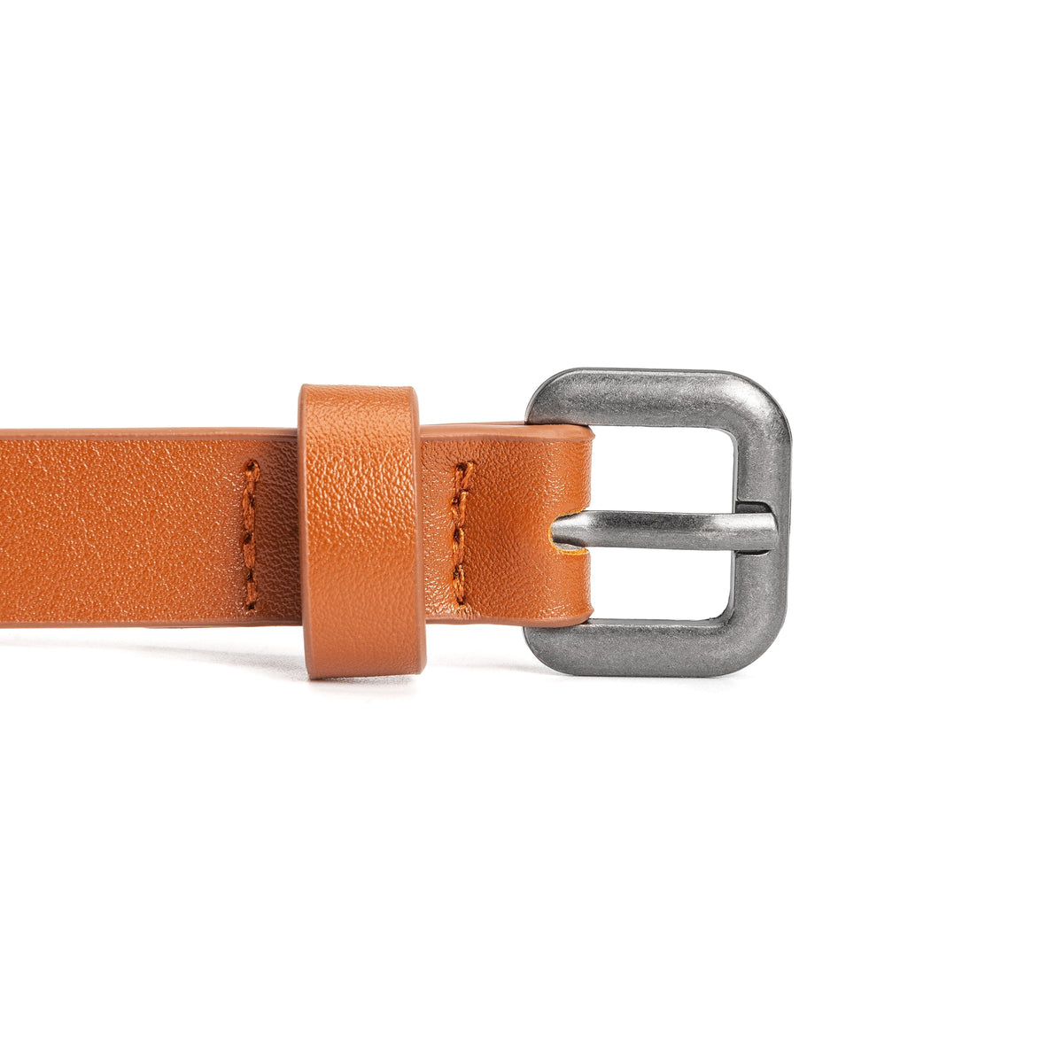 Close-up of the brown belt's pebbled strap, keeper, stitching, and metal buckle