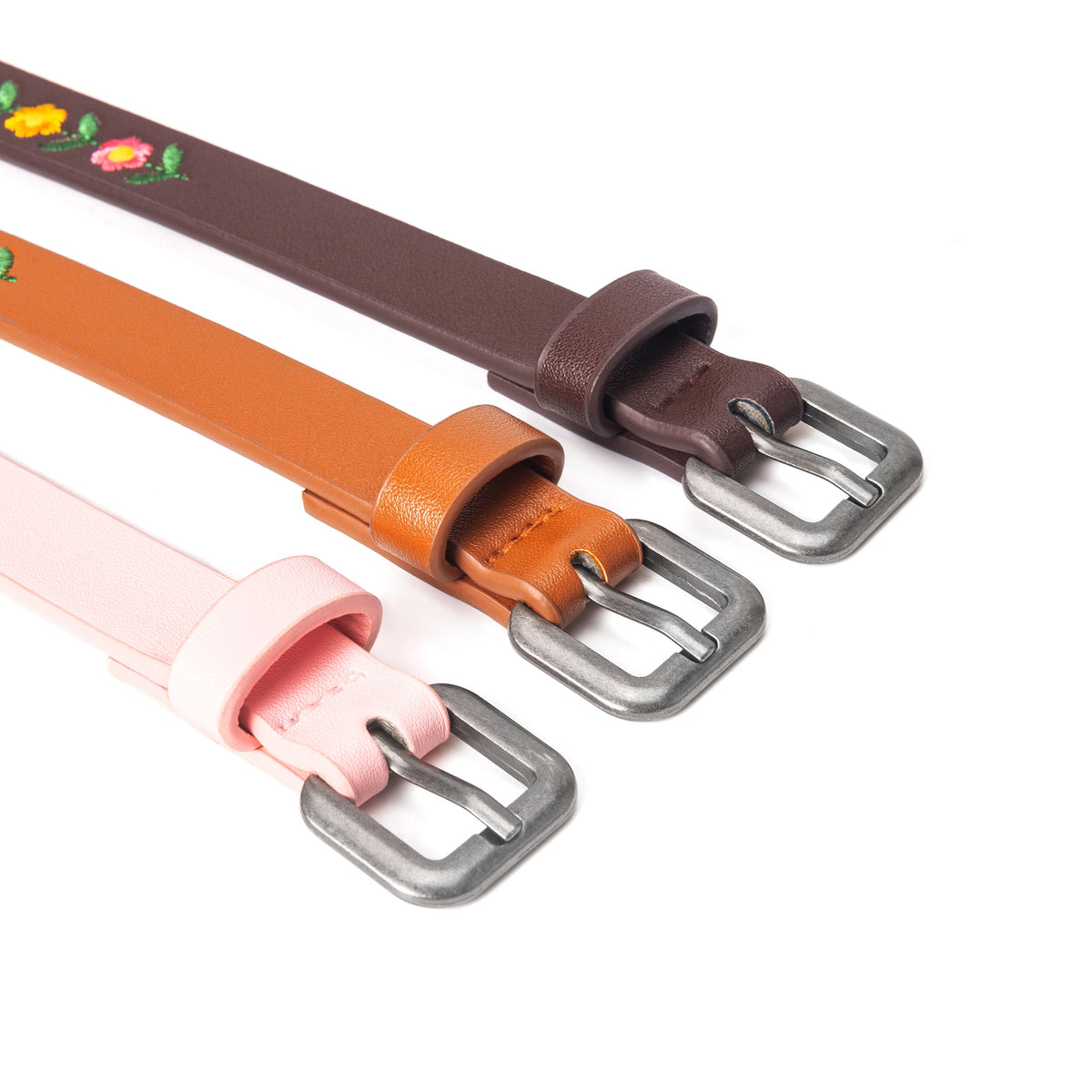 Pink, brown, and dark brown belts showing embroidered straps and metal buckles