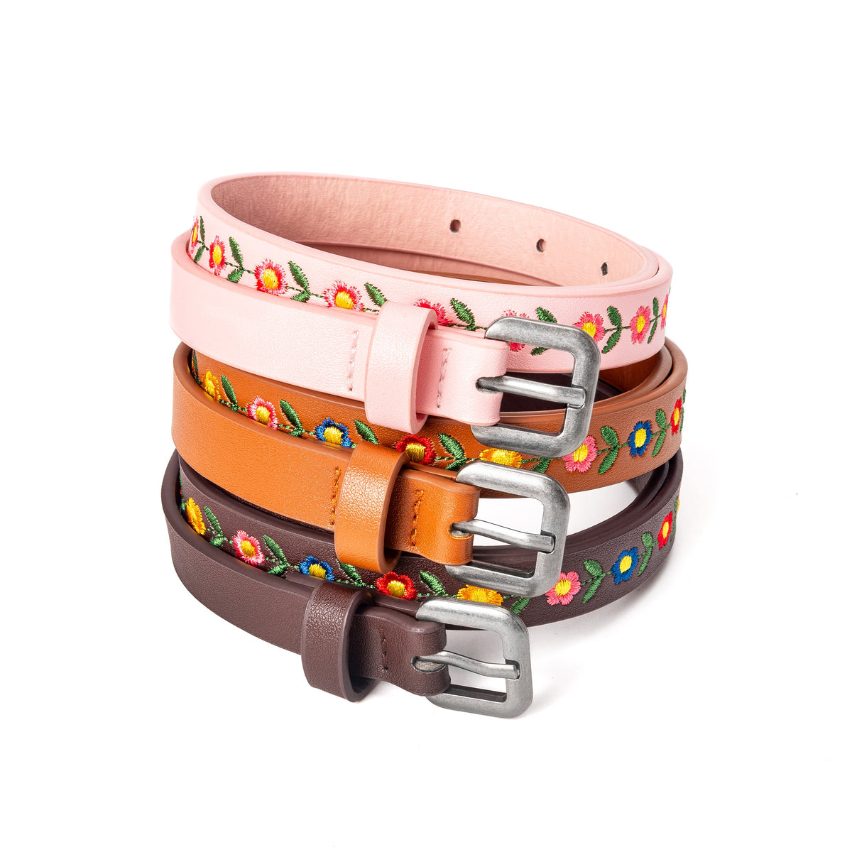 Three kids' belts in pink, brown, and dark brown with floral embroidery