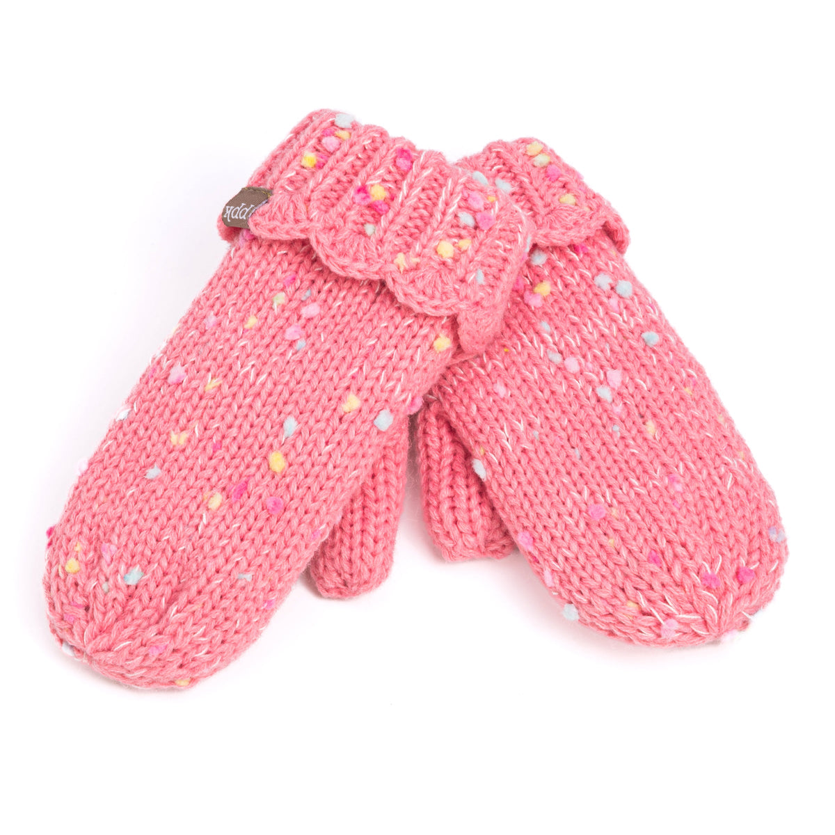 Pair of coral pink speckled mittens with scalloped cuffs
