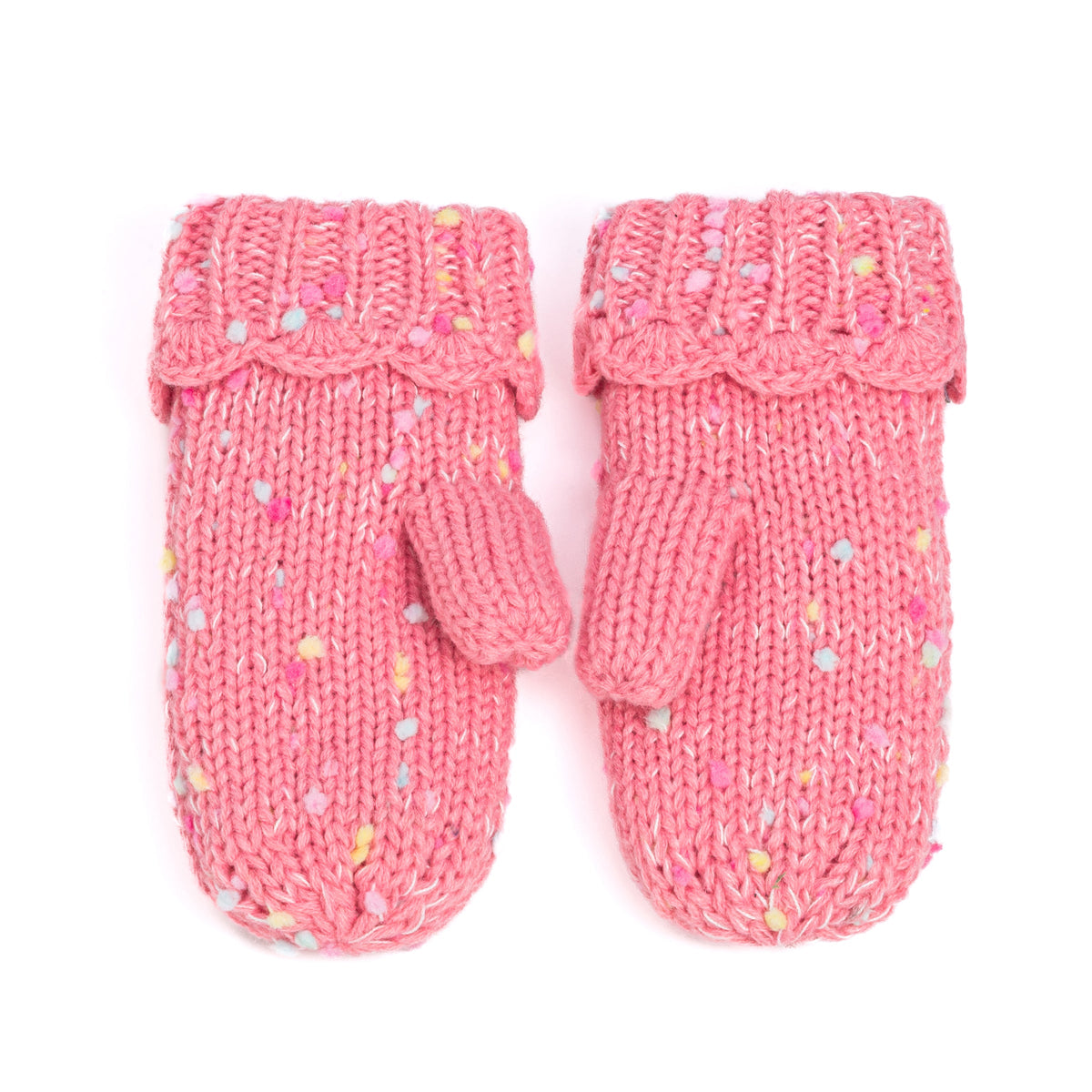Coral pink speckled mittens shown side by side
