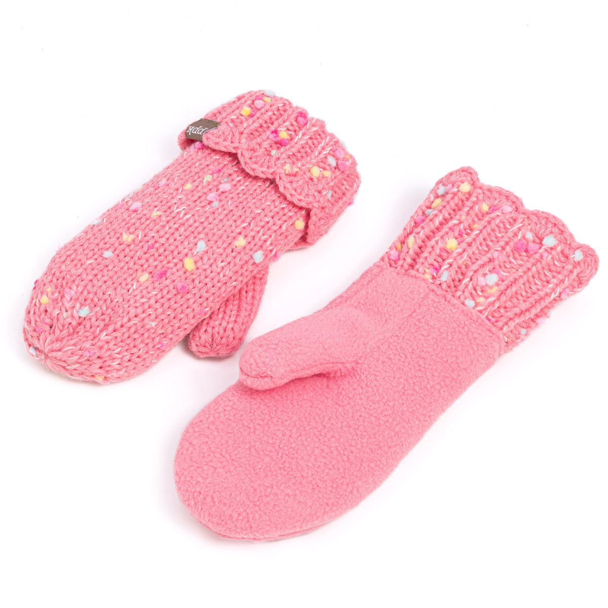 Pink speckled mittens, one showing its fleece lining