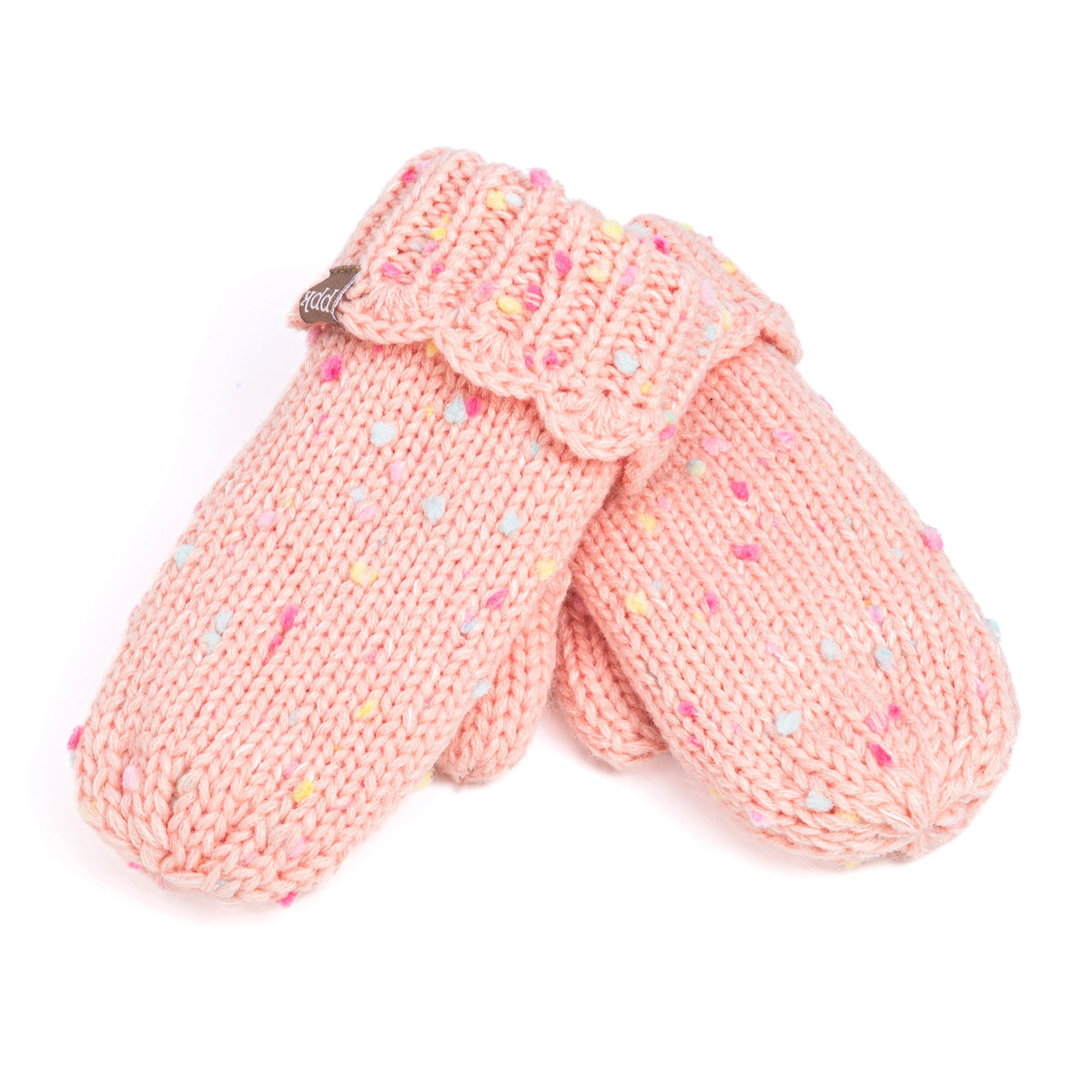 Speckled knit mittens in pale pink with scalloped cuffs