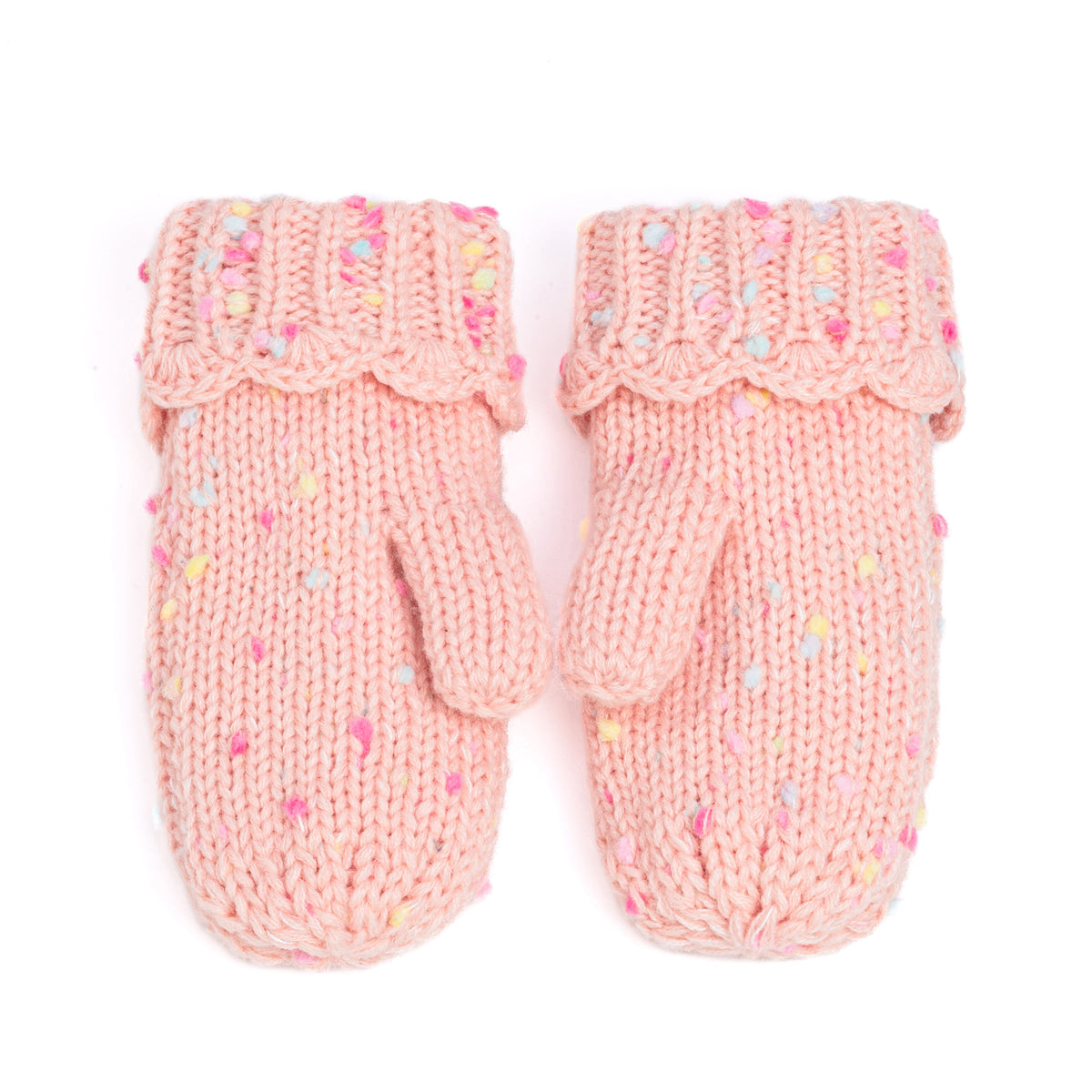 Pair of pale pink speckled mittens with ribbed scalloped cuffs