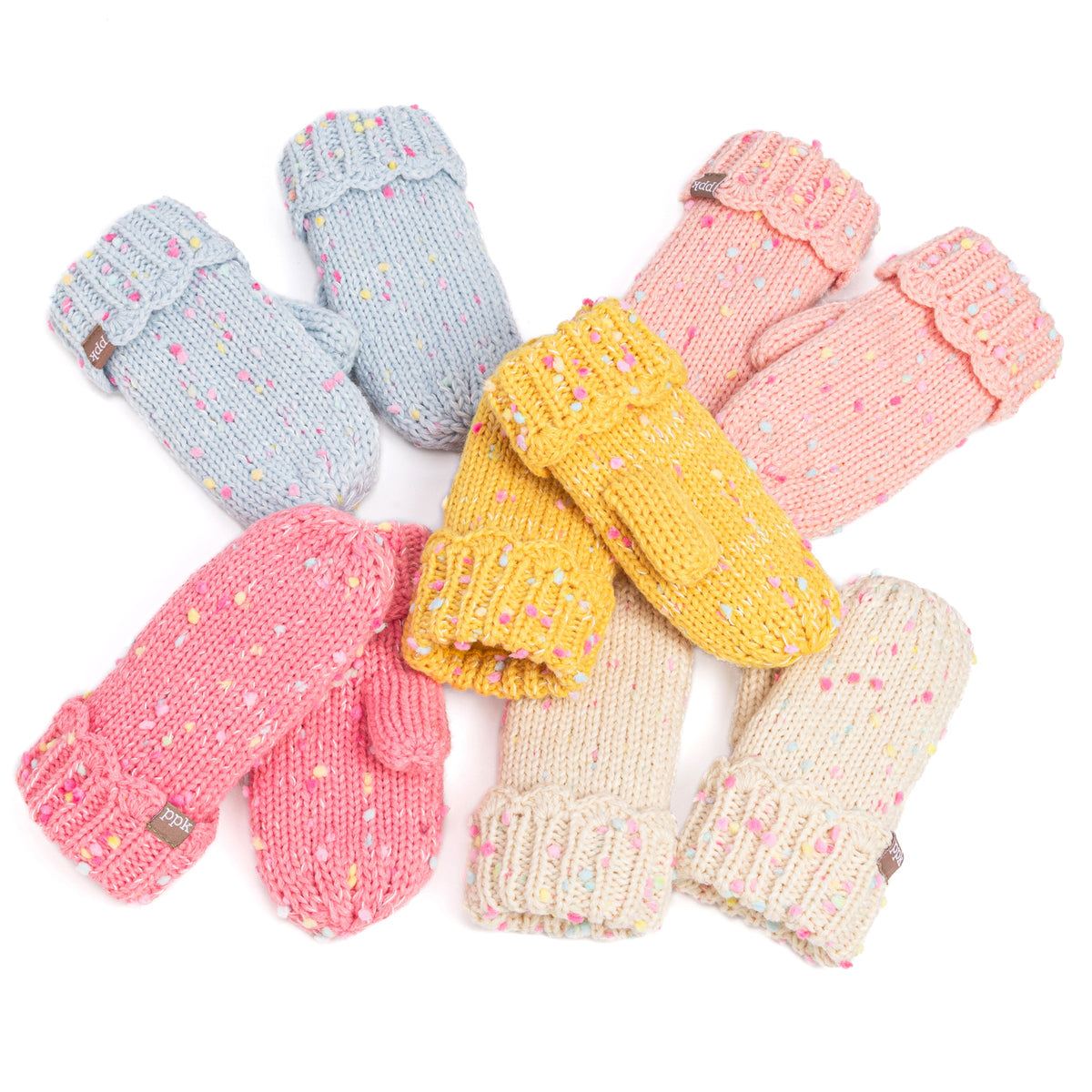 Assorted speckled knit mittens in blue, pink, yellow, and off-white