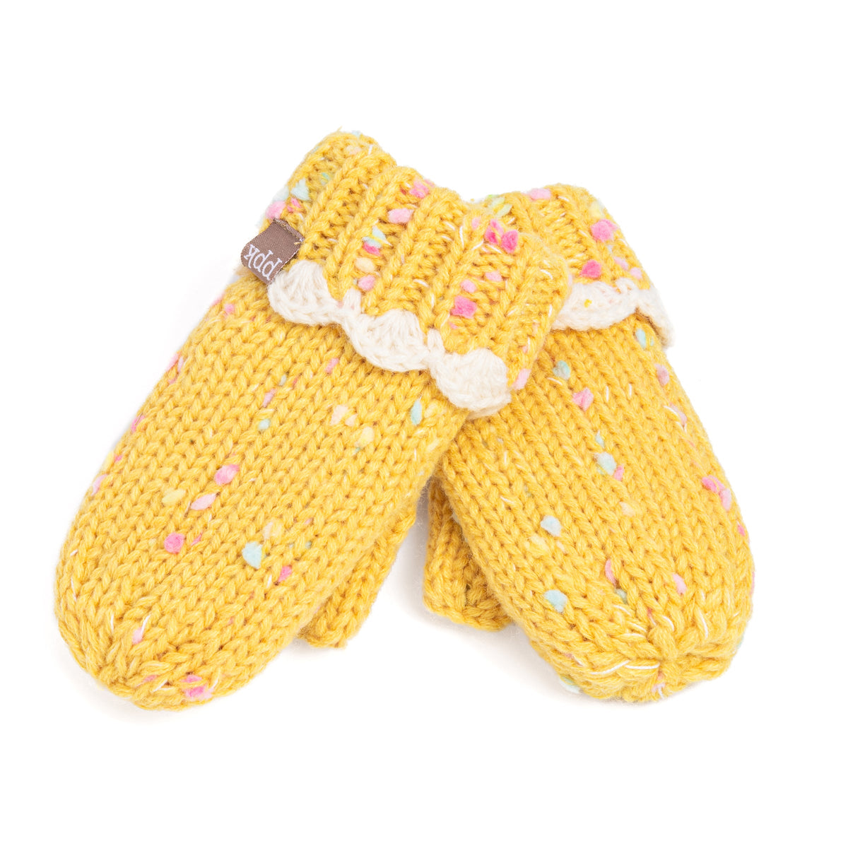 Yellow speckled knit mittens with cream scalloped cuffs