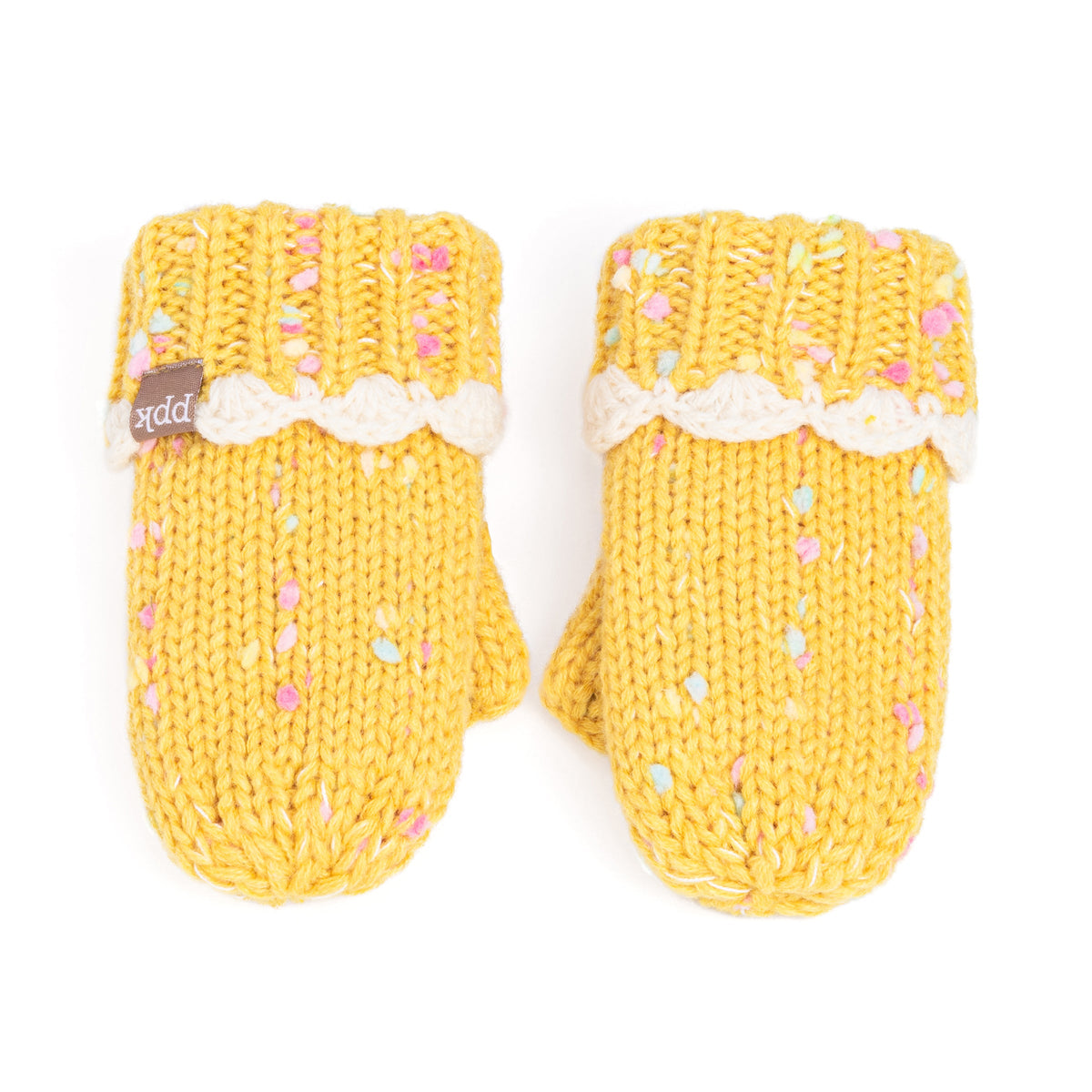 Pair of yellow knit mittens with speckles and cream scalloped cuffs