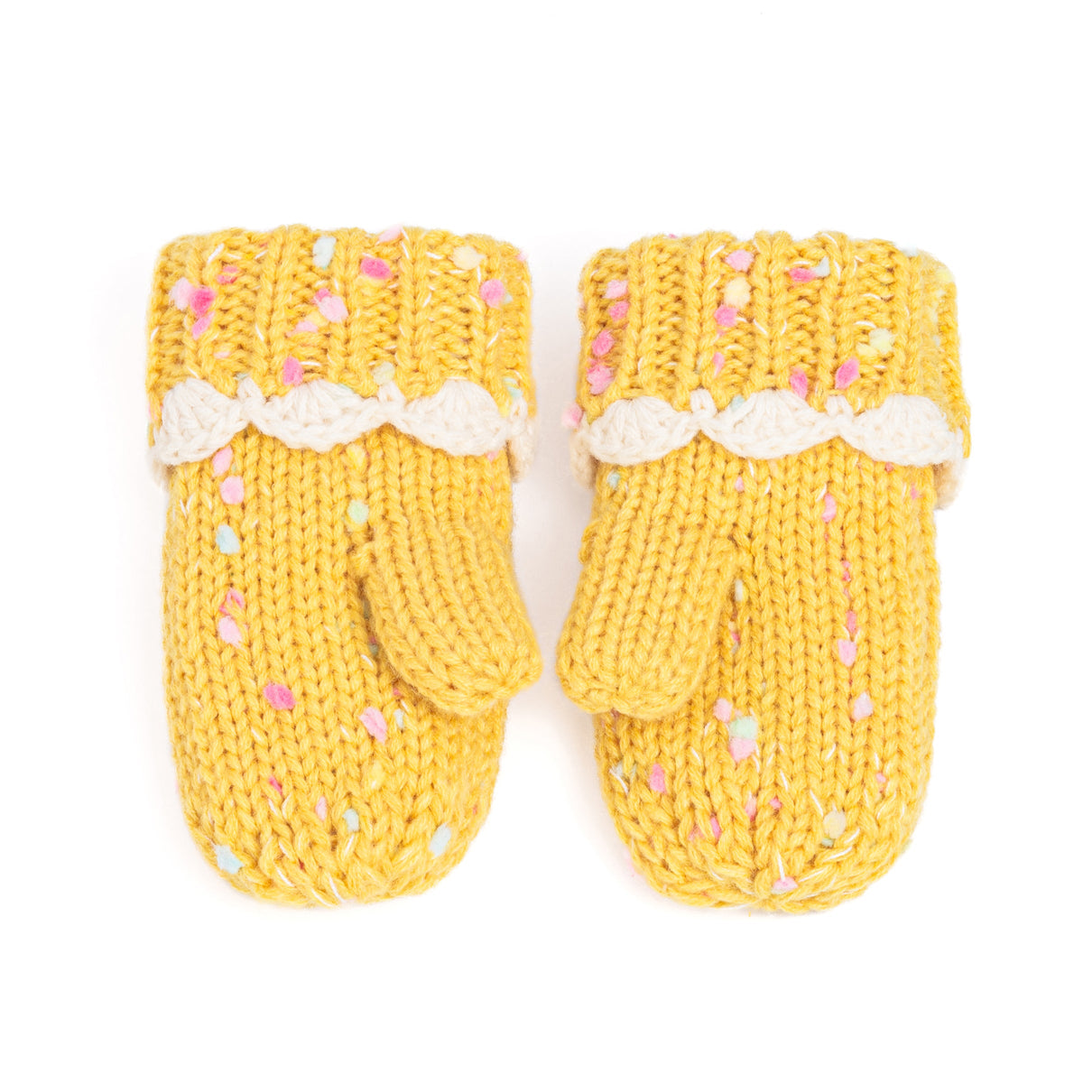 Yellow knit mittens shown from the back with speckled yarn and scalloped cuffs
