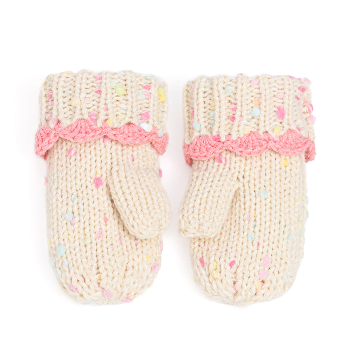 Off-white speckled knit mittens with pink scalloped cuffs