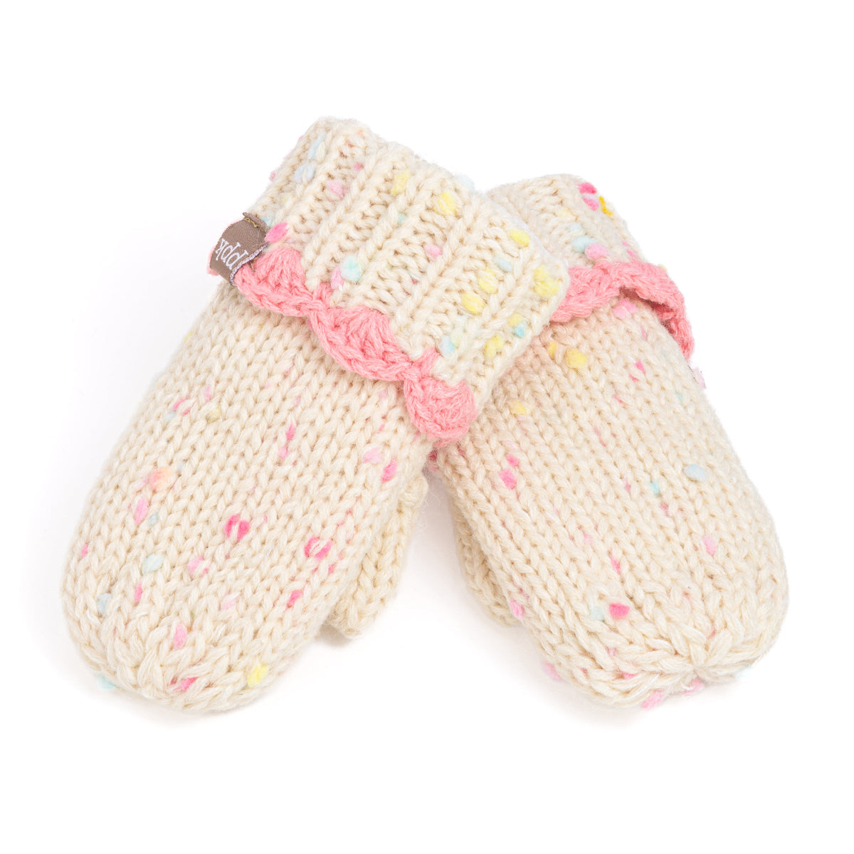 Off-white knit mittens with pink cuffs, crossed to show the front