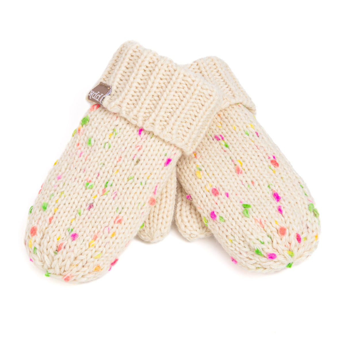 Kids' off-white speckled knit mittens with folded cuffs, crossed pair
