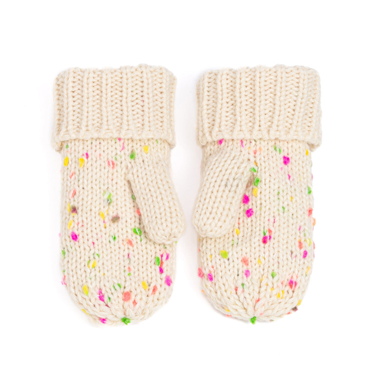 Pair of off-white speckled knit mittens with ribbed cuffs and thumb sections