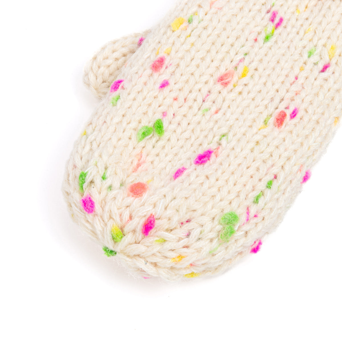 Close-up of an off-white knit mitten showing colorful flecks and textured stitches