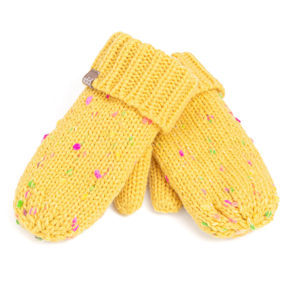 Yellow speckled knit mittens with folded ribbed cuffs