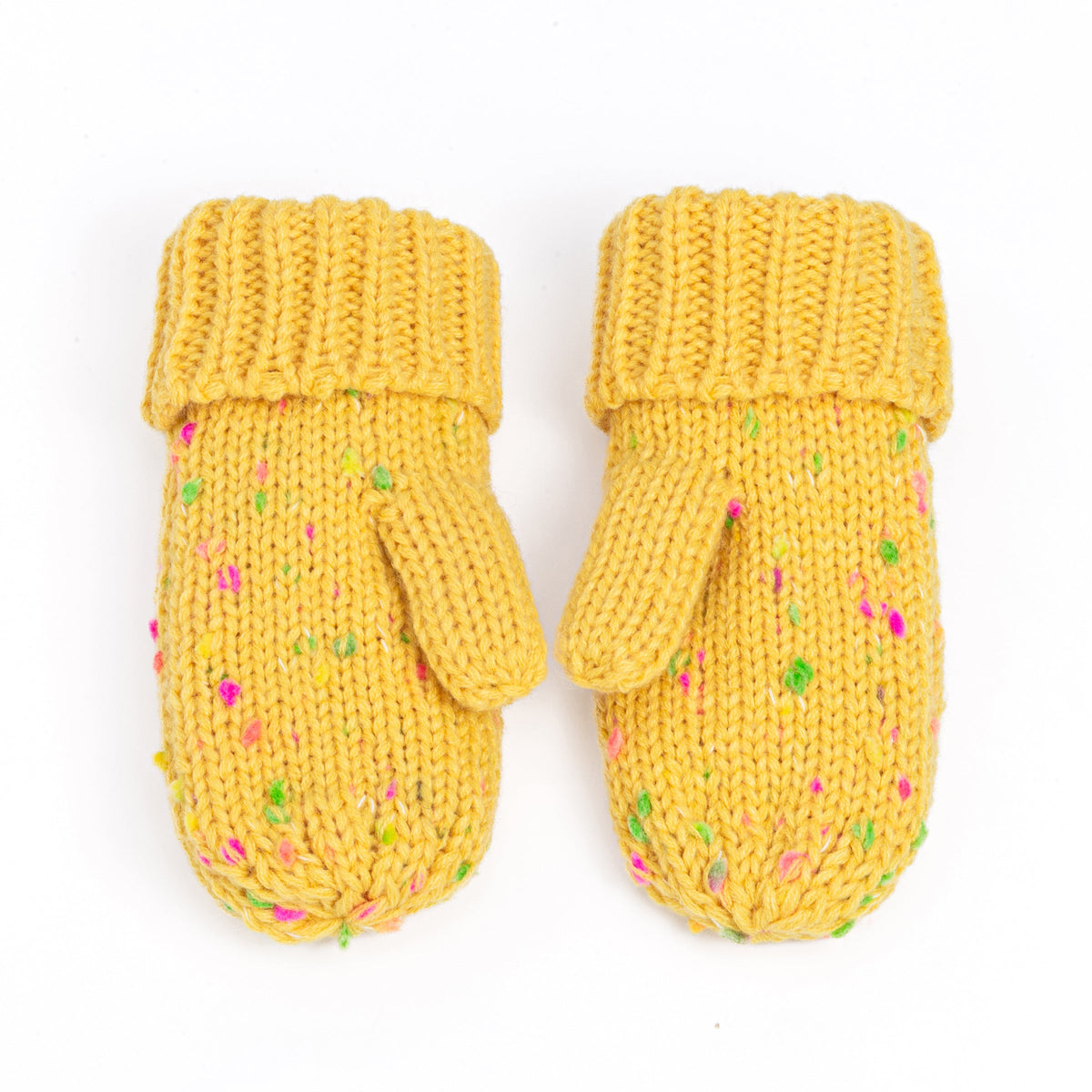 Pair of yellow speckled knit mittens shown from the front