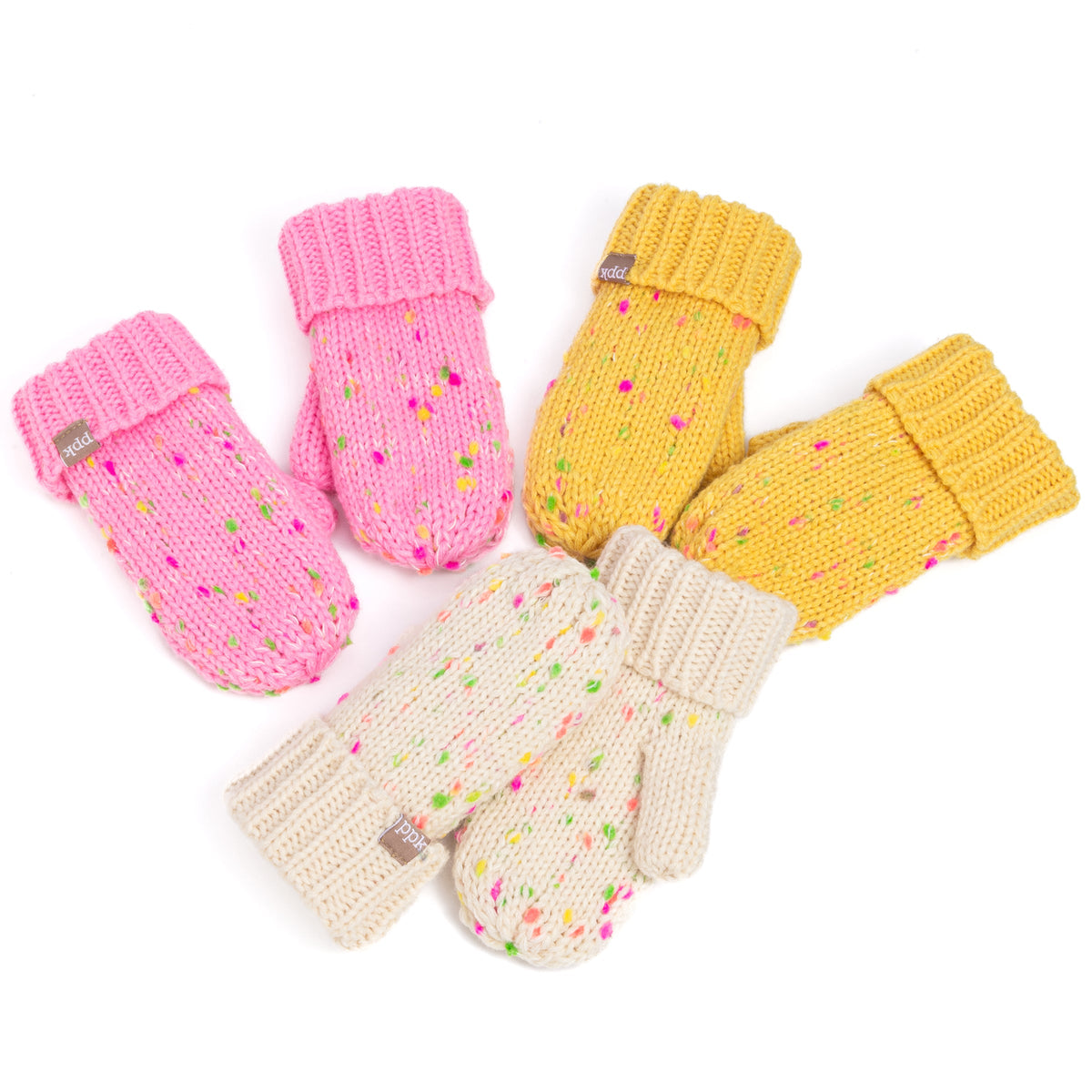Speckled knit mittens in pink, yellow, and off-white