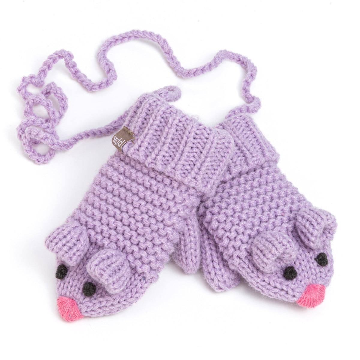 Purple knit mouse mittens with ears, faces, and a connecting string