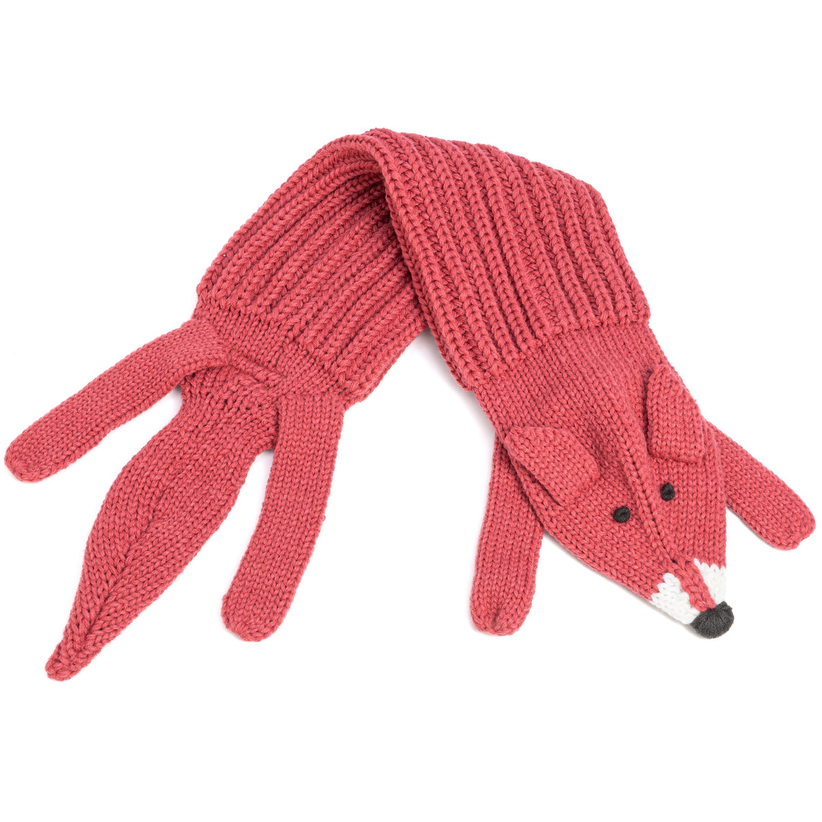 Rust red knit fox scarf laid out to show its ribbed collar and fox-shaped end