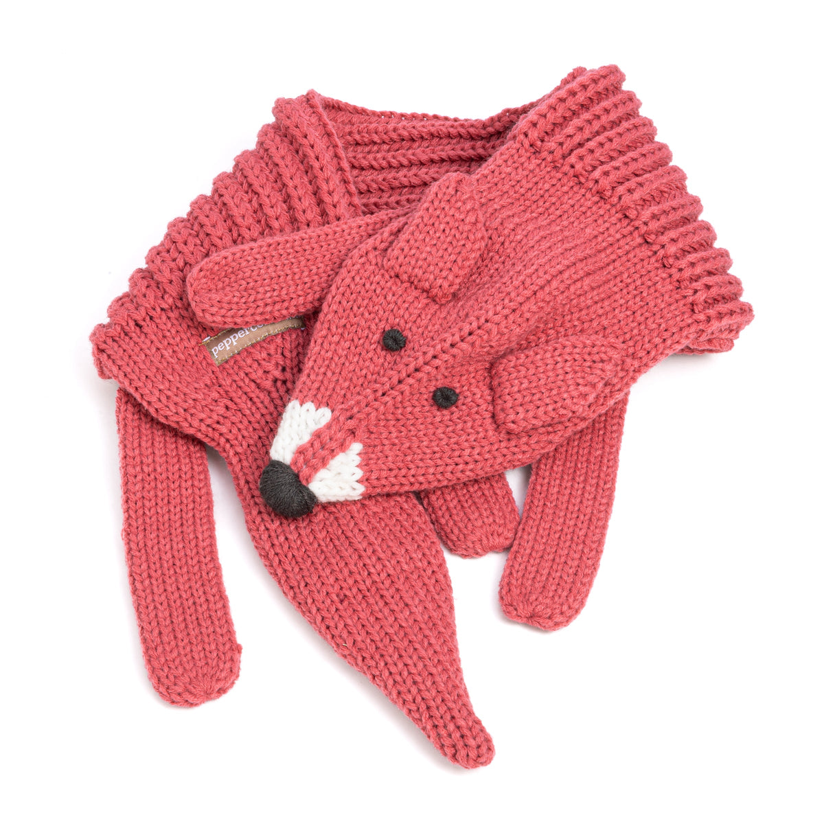 Rust red knit fox scarf with ribbed collar, dangling ends, ears, eyes and white muzzle