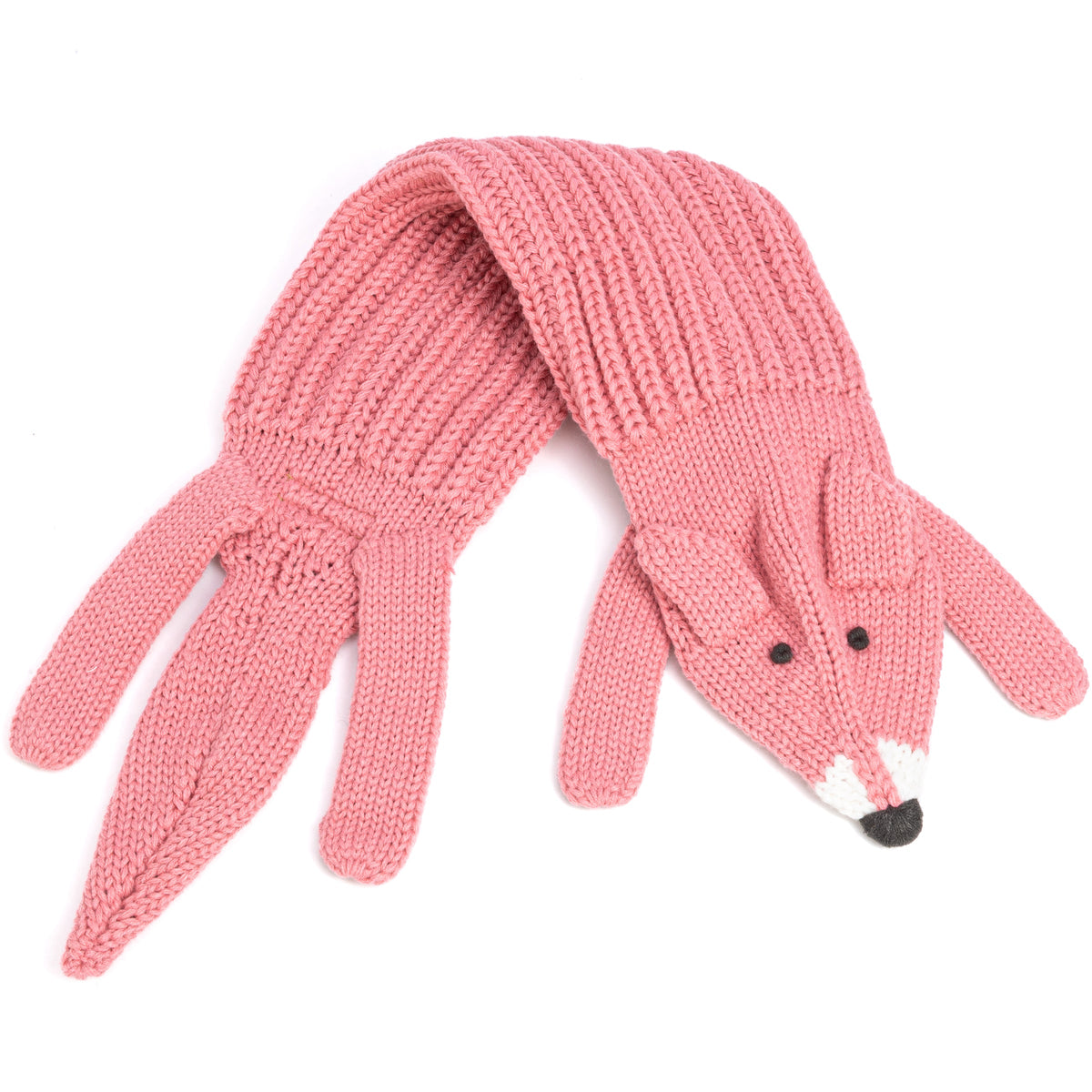 Knitted pink fox scarf spread out, showing its long ends and fox face with ears and nose.