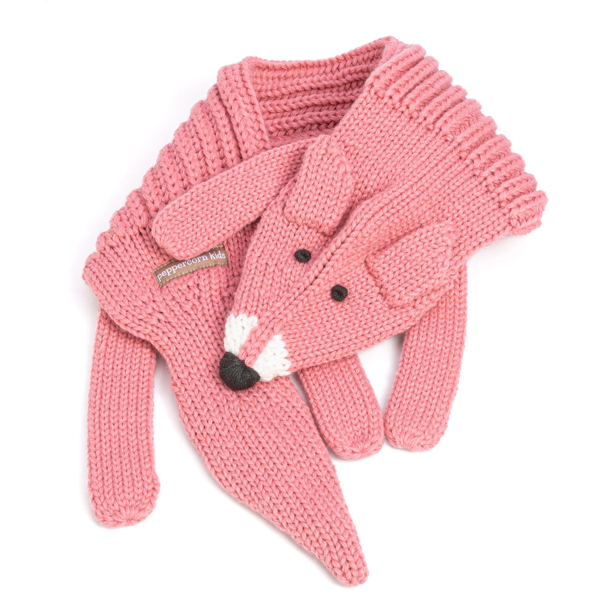 Pink knitted fox scarf with long ends, ears, black eyes, and a white-and-black nose.