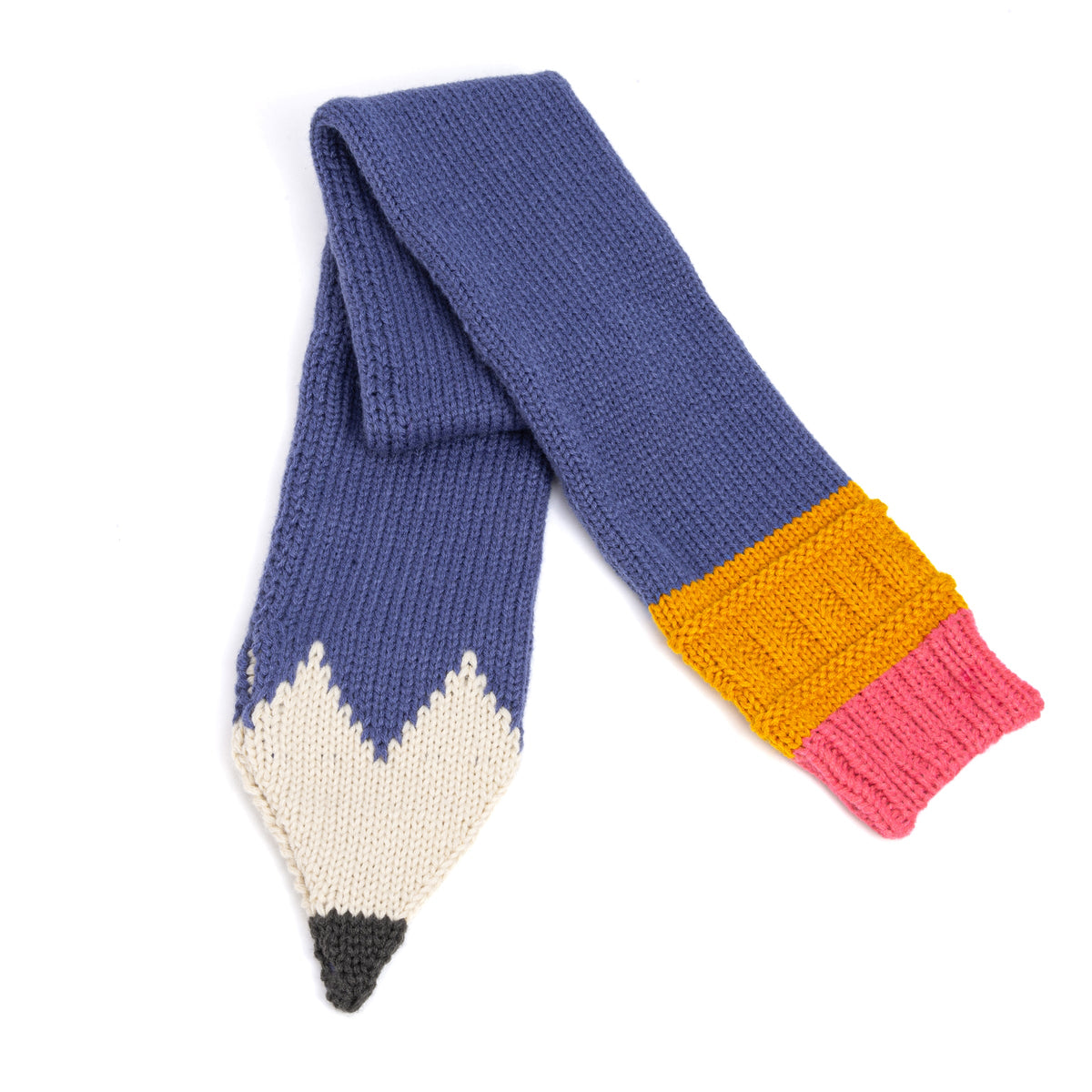 Blue knitted pencil scarf laid flat, showing cream point and ribbed colorful end