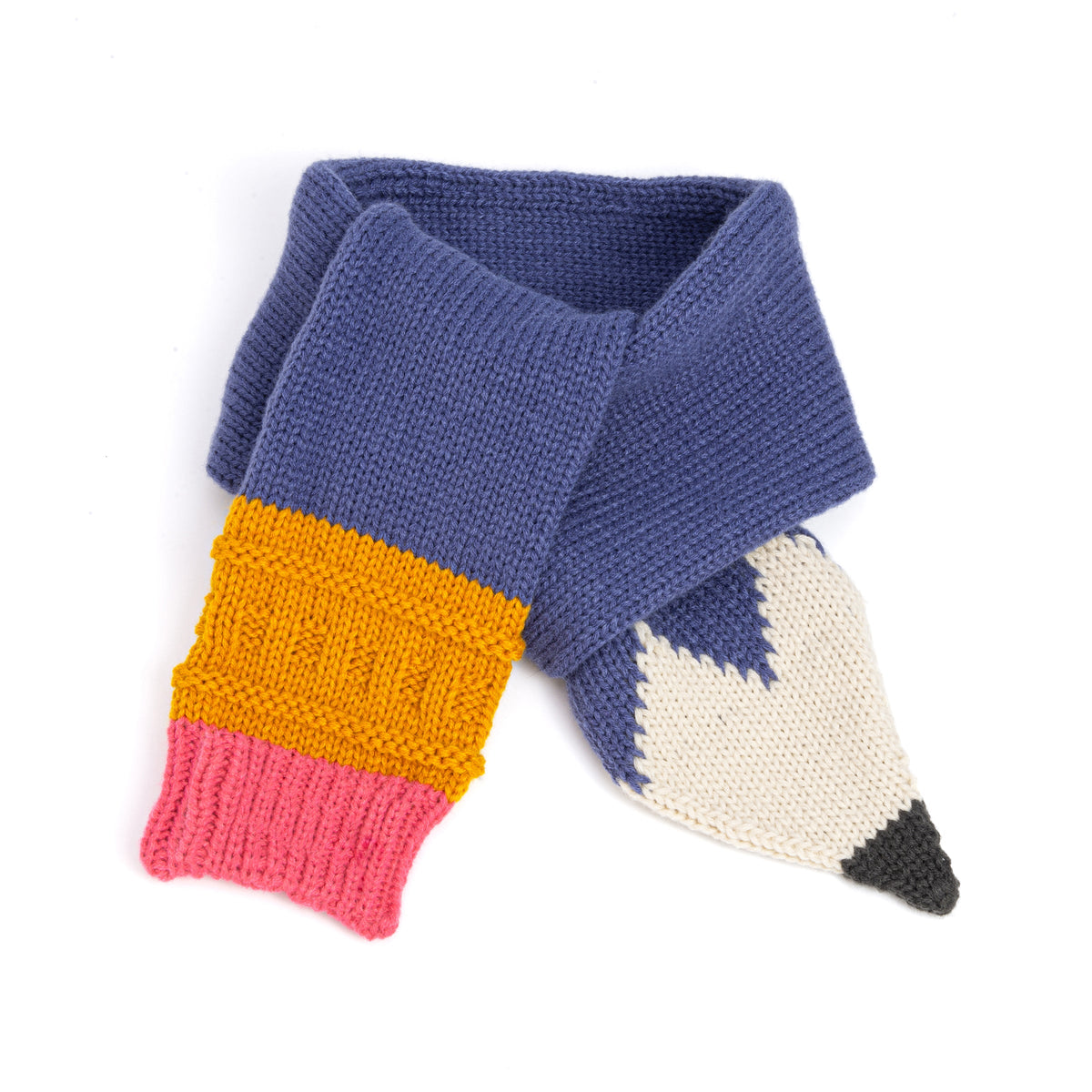 Blue knitted pencil-shaped children's scarf with cream point and colorful ends