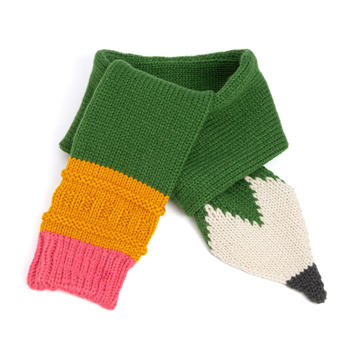 Green knitted pencil-shaped children's scarf with cream point and colorful ends
