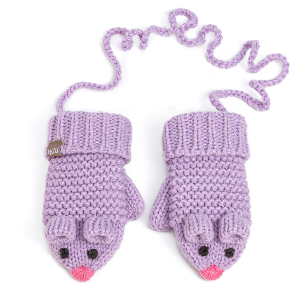 Pair of purple mouse-face knit mittens with a connecting string