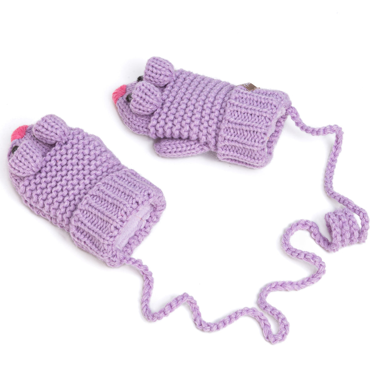 Purple knit mouse mittens shown from the side with their connecting string
