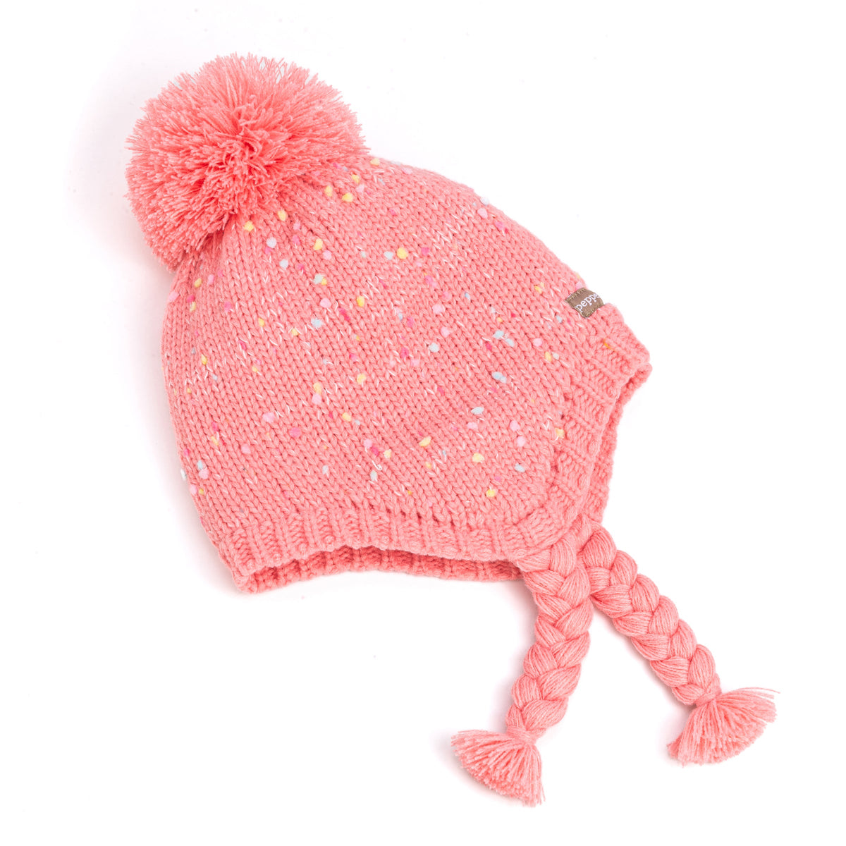 Pink knit earflap hat with multicolor flecks, pom-pom, and braided ties
