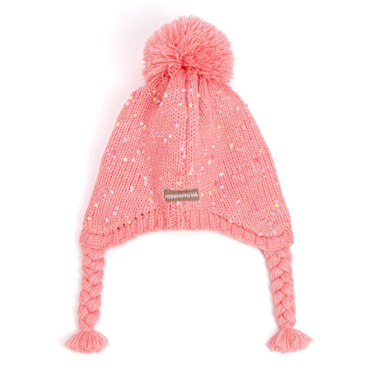 Front view of a pink flecked knit earflap hat with pom-pom and braided ties
