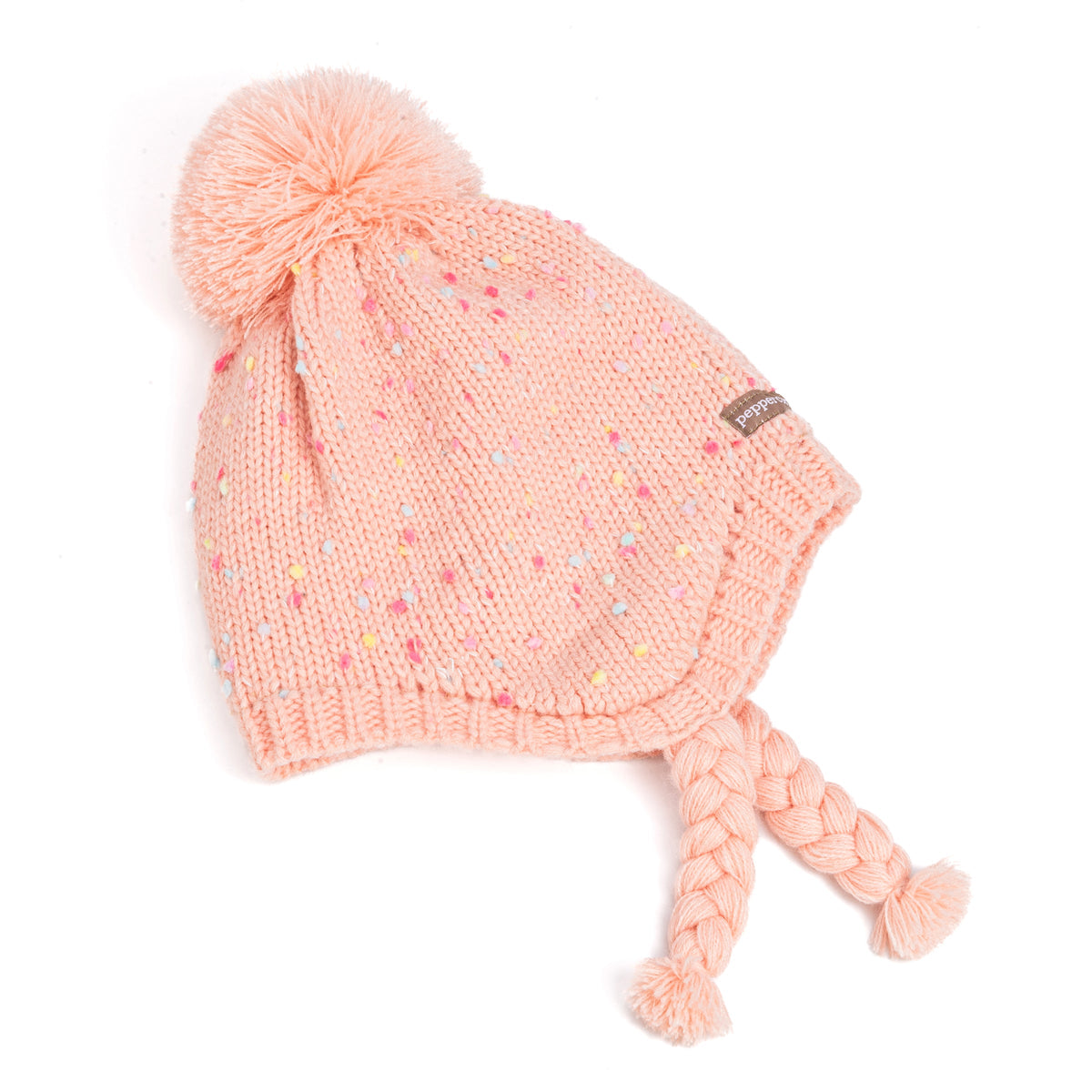 Girls' coral-pink knit earflap hat with colorful flecks, pom-pom and braided ties