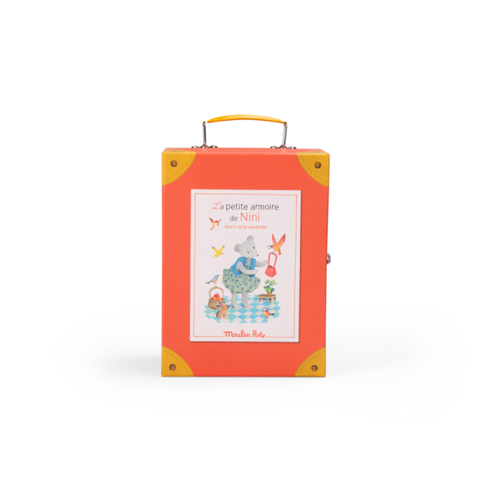 Closed coral toy wardrobe suitcase with yellow corner guards and carry handle