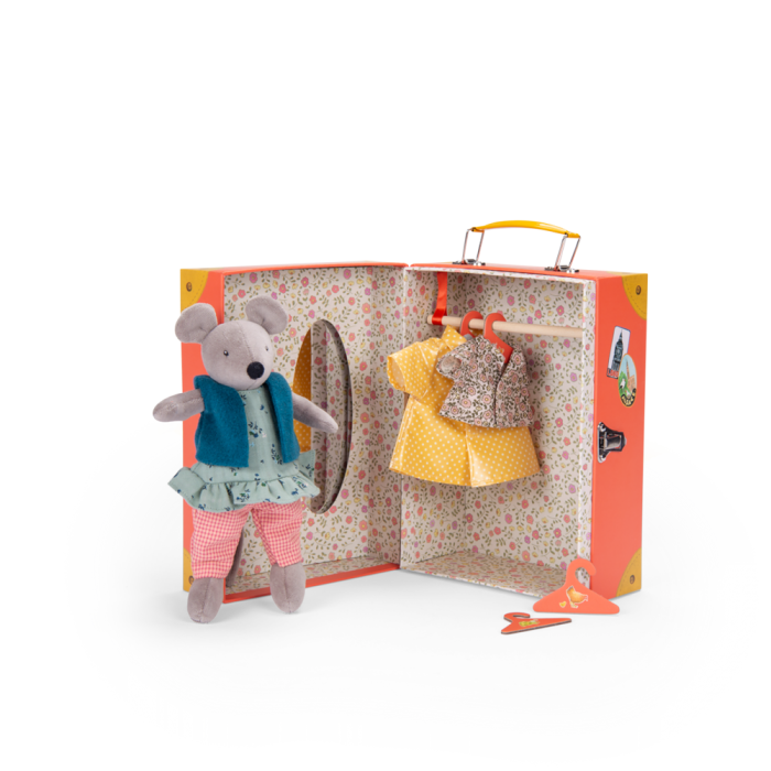 Open toy wardrobe suitcase with mouse doll, hanging outfits and toy scissors