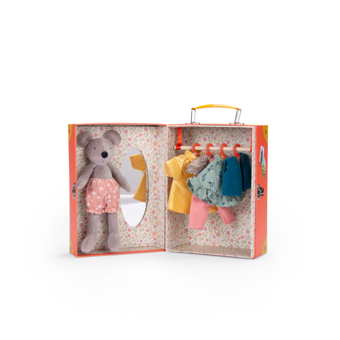 Open toy wardrobe suitcase with a mouse doll and colorful miniature clothes