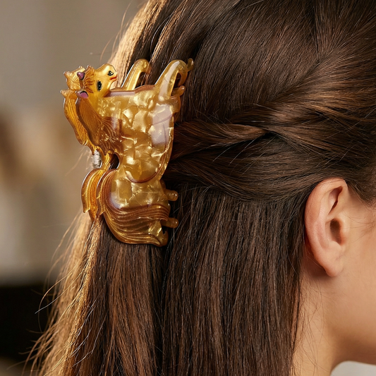 Golden horse hair claw with glossy gold finish, claw-style hair comb detail