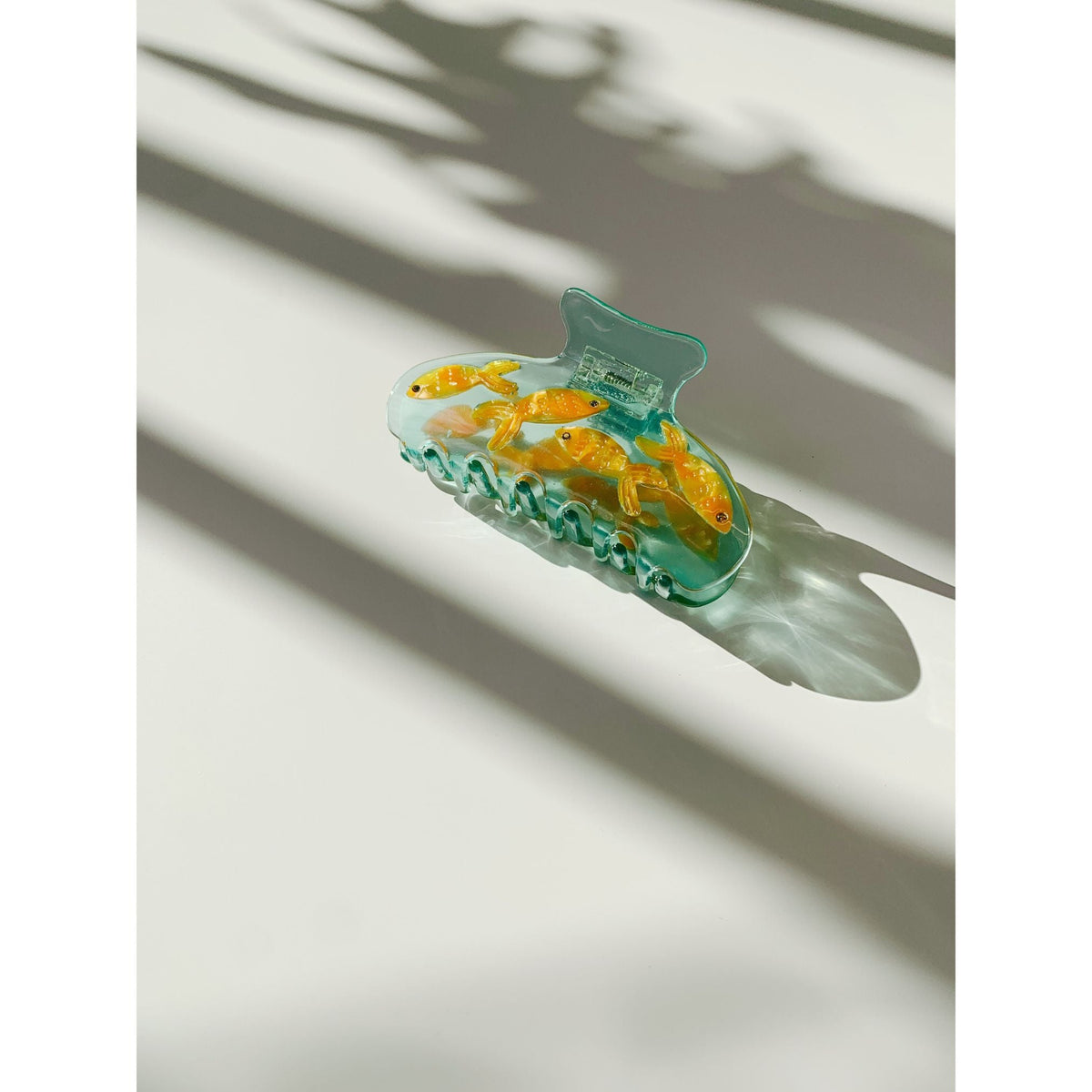Goldfish hair claw clip, small teal transparent claw with orange goldfish figures