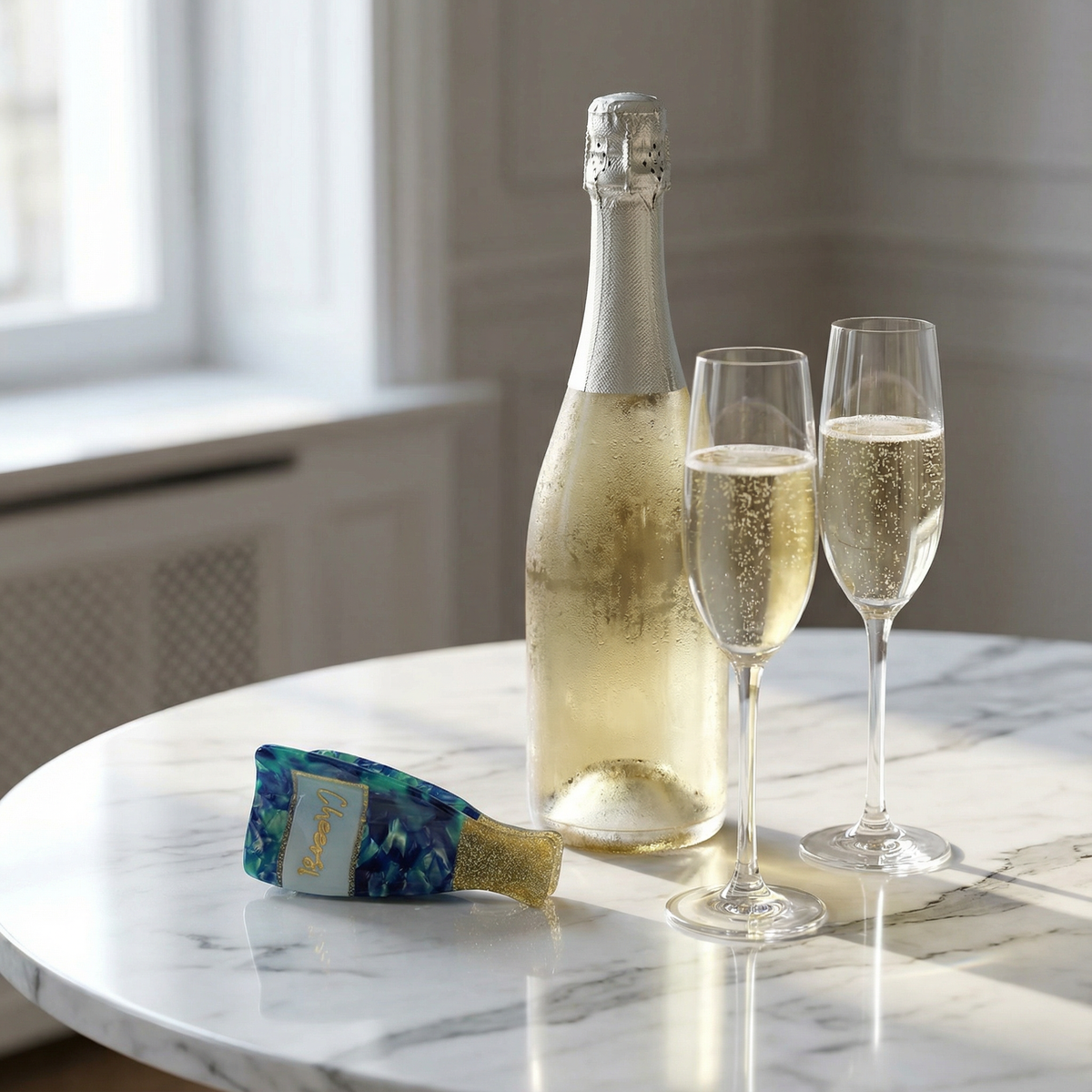 Prosecco bottle with two champagne flutes on a tray