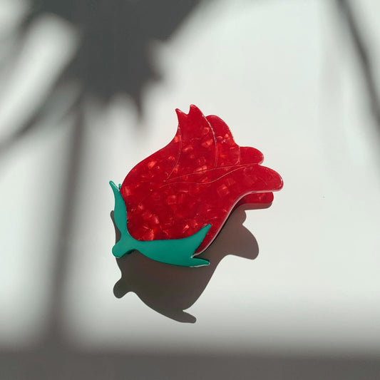 Red rosebud hair claw clip with green leaves, small velvet claw style
