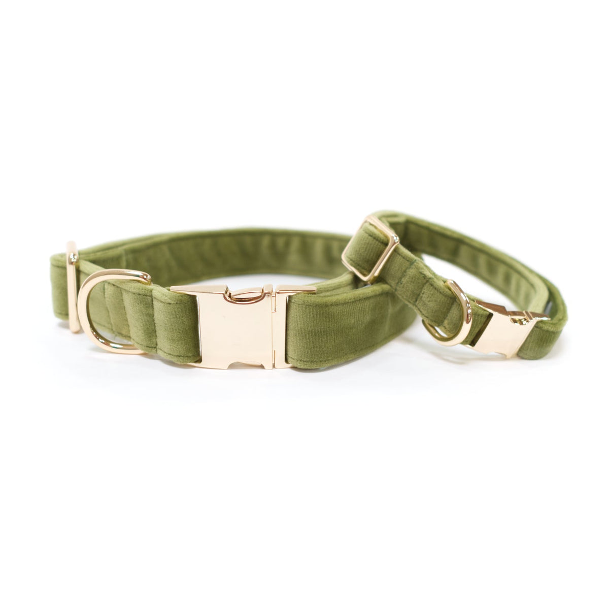 Olive green velvet dog collar with rose-gold buckle and metal D-ring