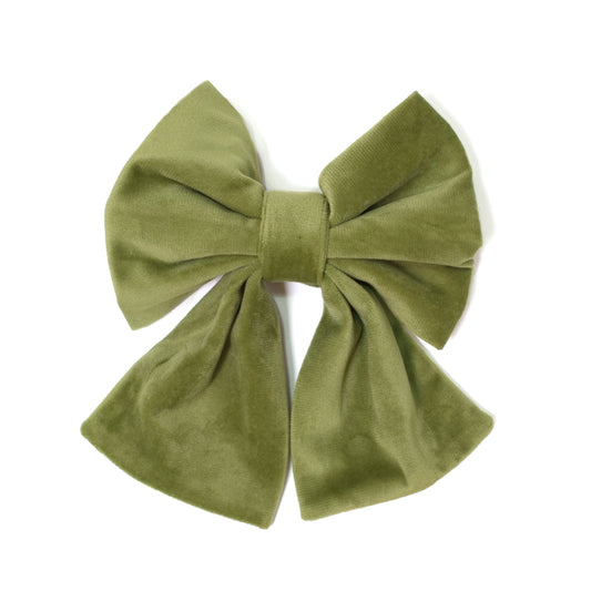 Green velvet sailor dog bow with layered loops and center knot