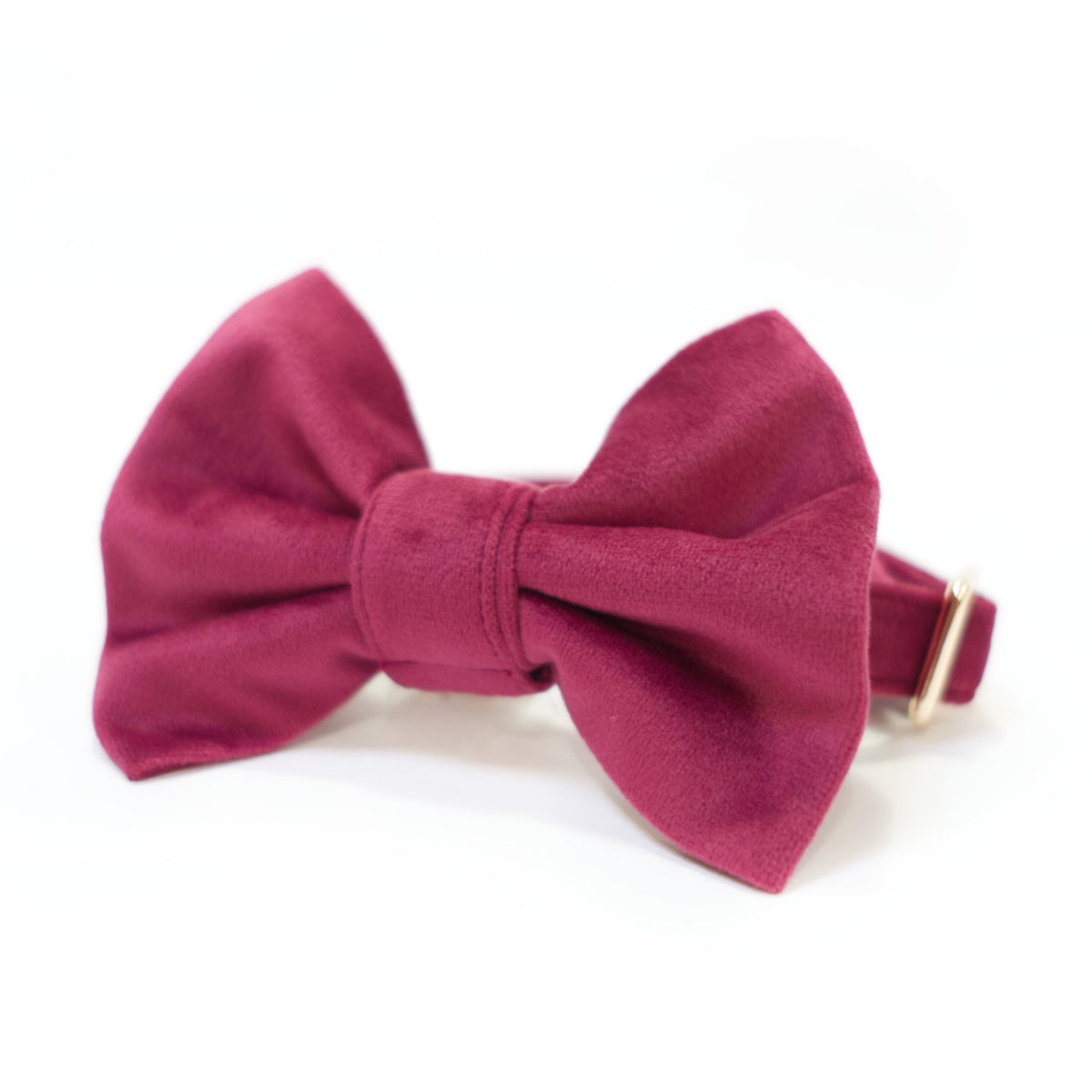 Velvet bow tie for dog collar, mulberry pink with center knot and stitched fold